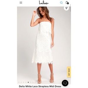 Lulu's White Lace Strapless Midi Dress